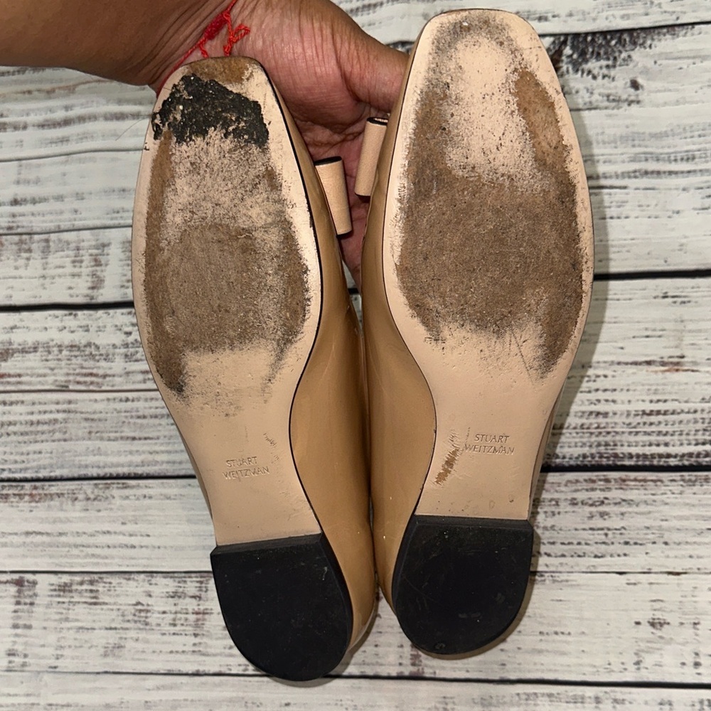 Stuart Weitzman The Belle Nude Patten Leather Bow Ballet Flats Sz. 7.5 - Picture 11 of 13